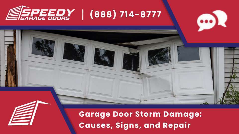 Storm garage door damage with garage door wind damage needing garage door repair, showing garage door damage near you.